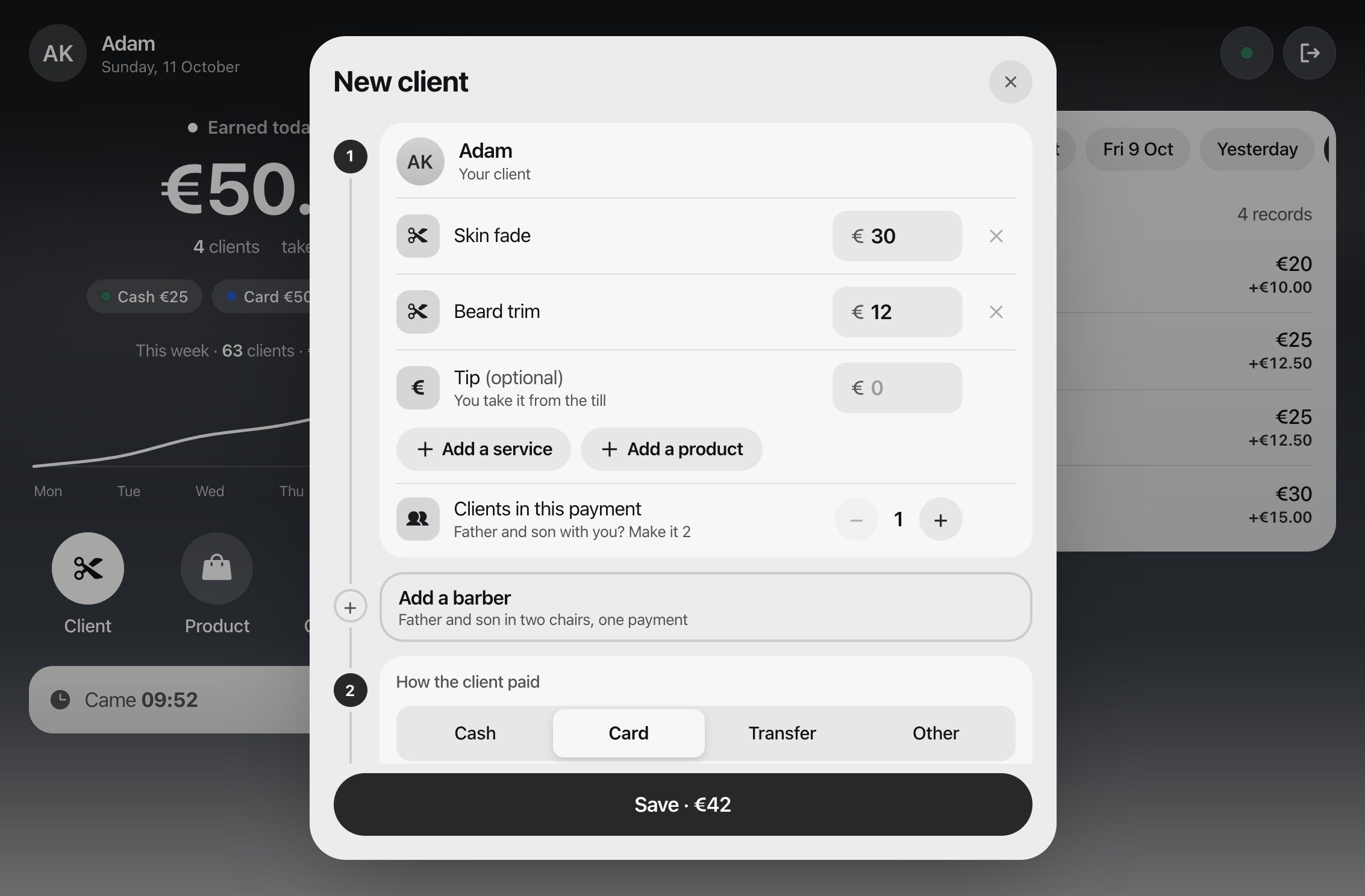 New client: services from the price list, how the client paid